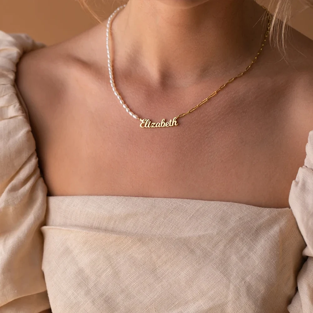 Fashion Women's Personality Custom Pearl Necklace Stainless Steel Women Beads Name Custom Necklace Half Pearl Chain Accessories