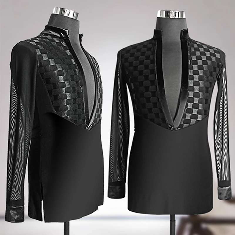 

Топ Мужской для латиноамериканских танцев, пикантный клетчатый комбидресс с V-образным вырезом для бальных танцев, костюм для соревнований ча-Танго, одежда для практики самбы, VDB5955