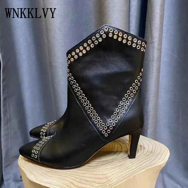 

2022 New Pointed Toe High Heels Short Boots Women's Perforation Temperament Long Boots Leather Punk Style Catwalk Martin Booties