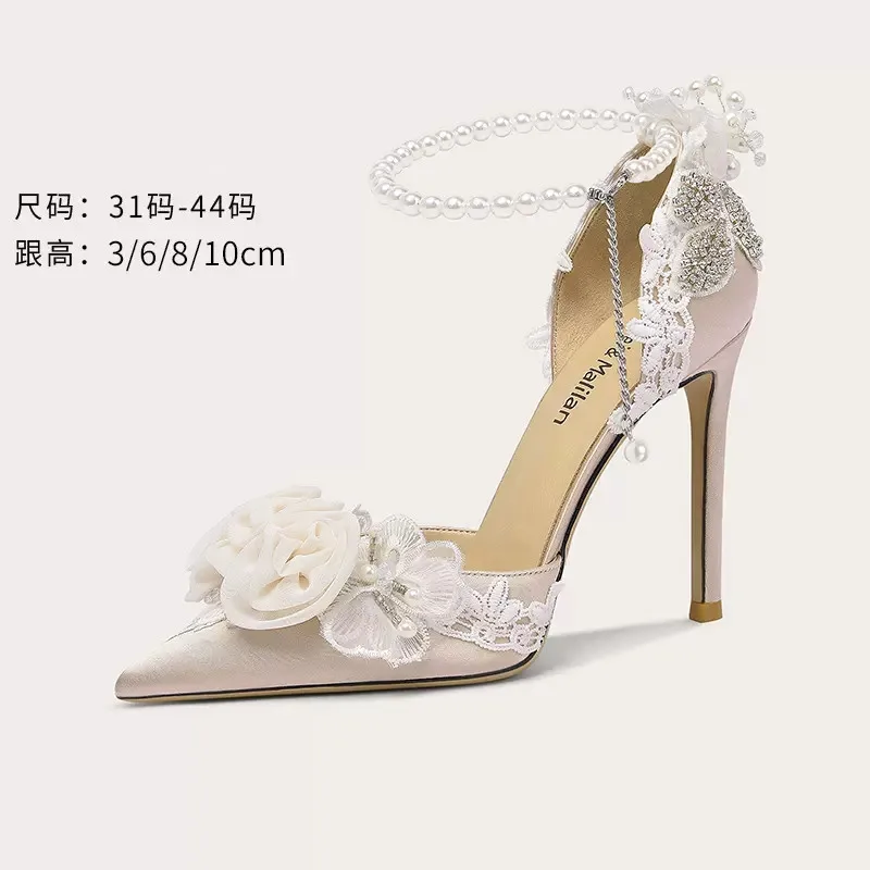 

Spring and summer pointed head silk face pearl lace flower single shoe thin high heel party dress large small size female sandal