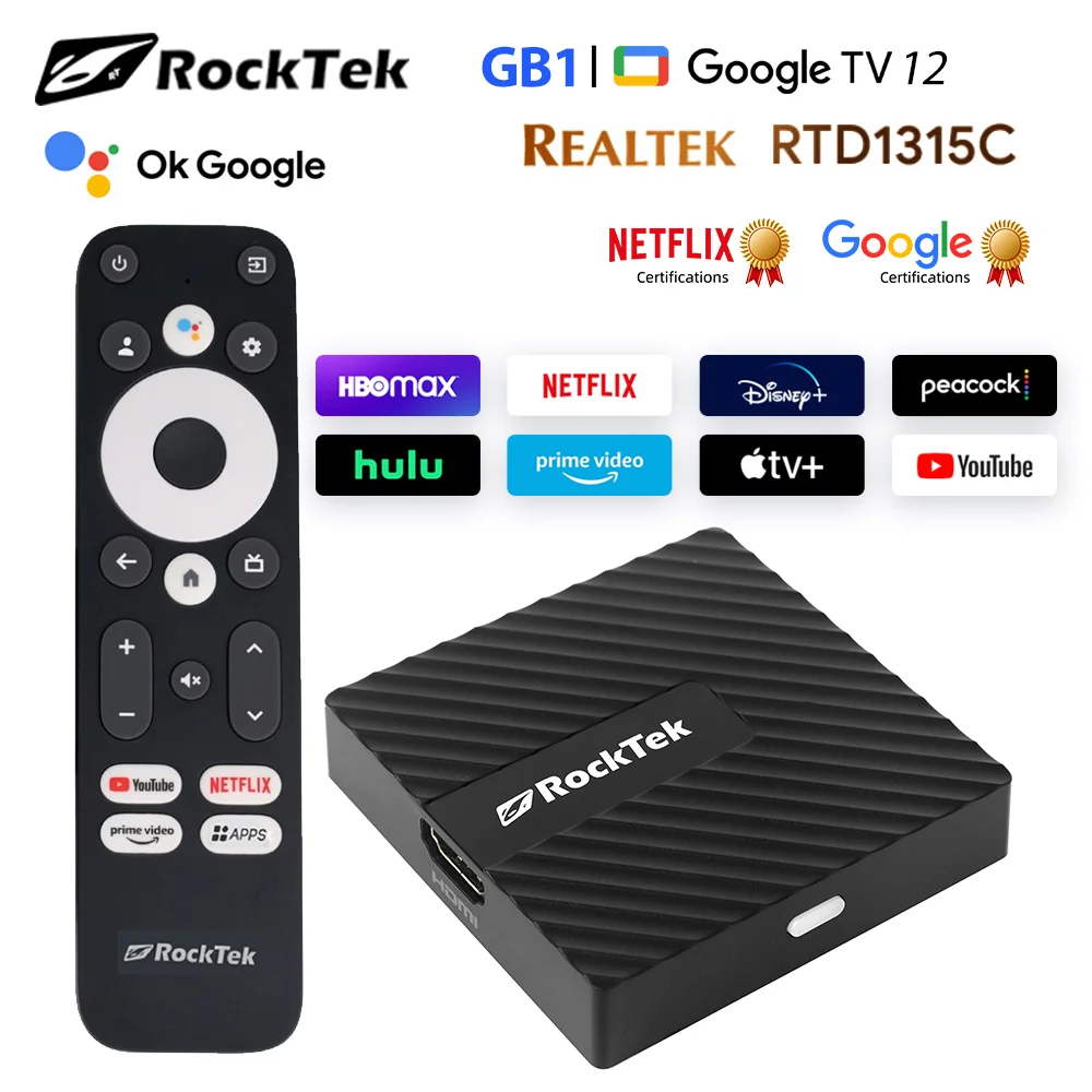 ТВ-адаптер RockTek GB1 2 + 16 ГБ eMMC Realtek1315C A55 Support Dolby Atmos Vision 2T2R Wifi BT5.0