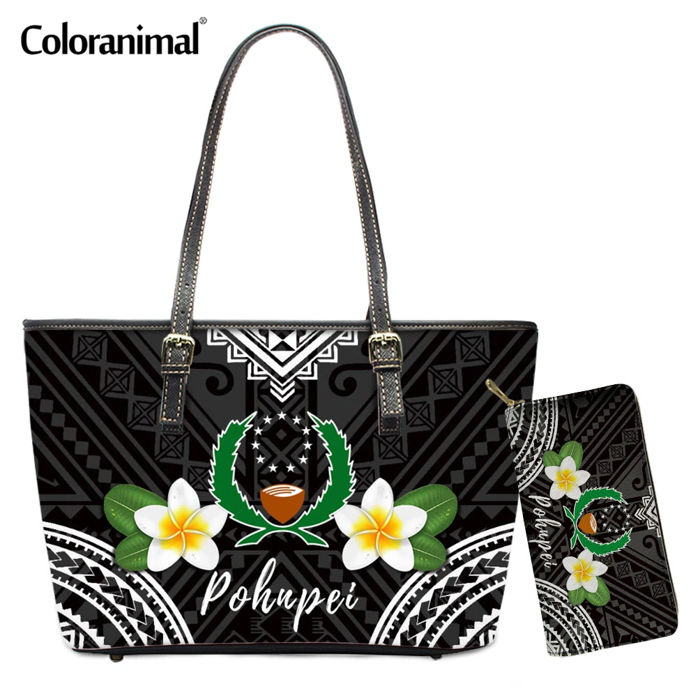 Coloranimal New Arrivals 2Pcs/Set Shoulder Bag with Wallet Pohnpei Polynesian Plumeria Prints Handbag for Women PU Leather Totes