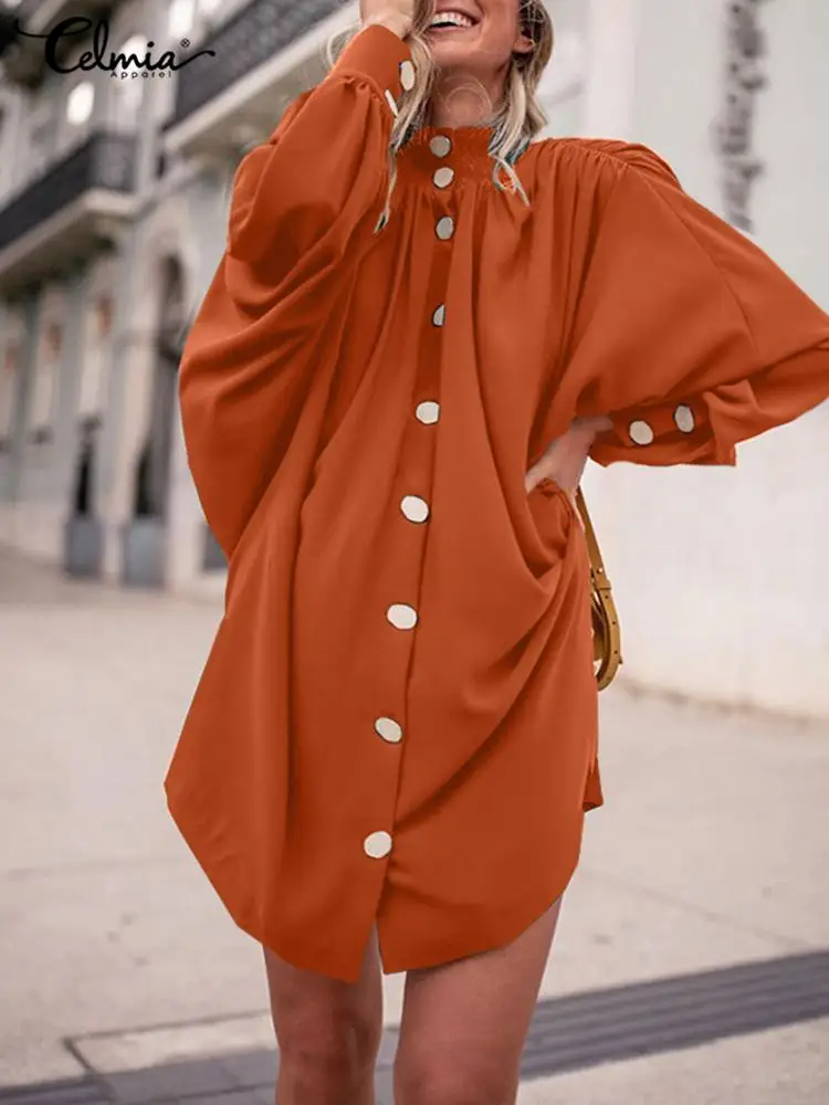 

Женское платье-рубашка с воротником-стойкой и рукавом летучая мышь