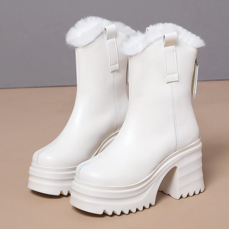 Женские ботинки средней длины, женская обувь, зимняя обувь, теплая женская обувь на молнии, модные женские ботинки на толстой подошве, 2023, эл...