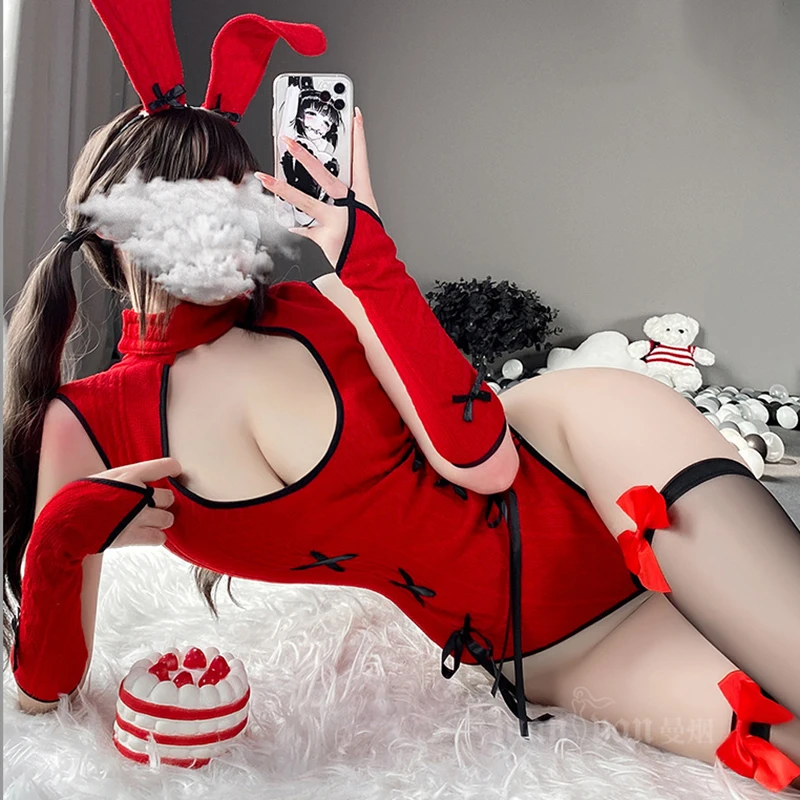 

Новогодний костюм Красной девочки Банни, костюм для косплея, кавайное цельное боди, женское сексуальное нижнее белье, аниме ролевой комбине...