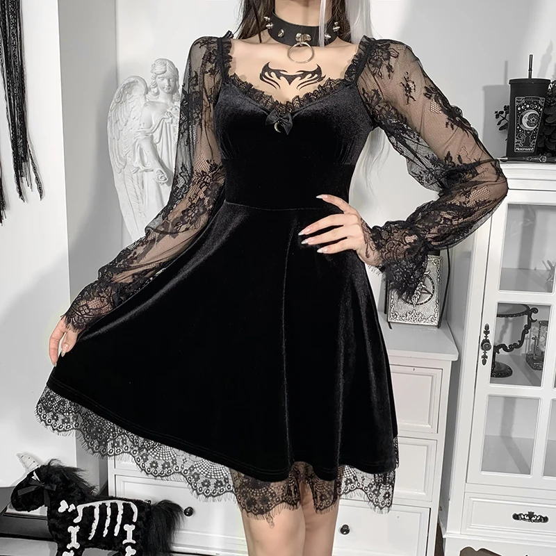 

Sexy Woman High Waist A Line Dress Goth Gothic Vintage V-Neck Lace Mesh Flare Sleeve Y2K Dress Egirl Alt Clothes Dark Academia