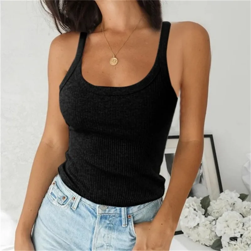 

Top Women Off Shoulder Ribbed Black Sexy Tank Top O Neck Knit Tee Top Sleeveless Solid 2022 Summer T Shirts For Women