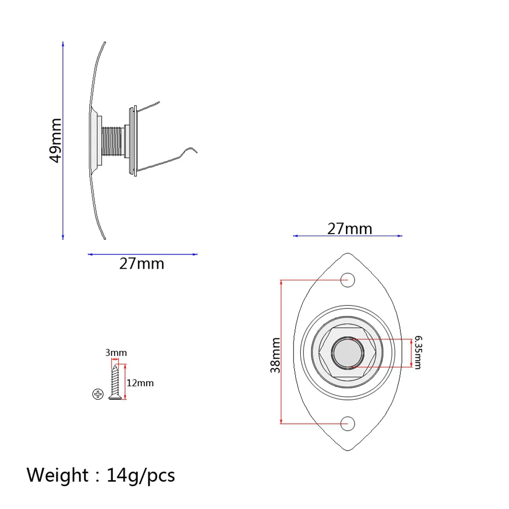 Indented 1/4 Inch Oval Guitar Pickup Output Input Jack Plug Socket 635mm With 2 Mounting Screws for Electric Bass (Golde
