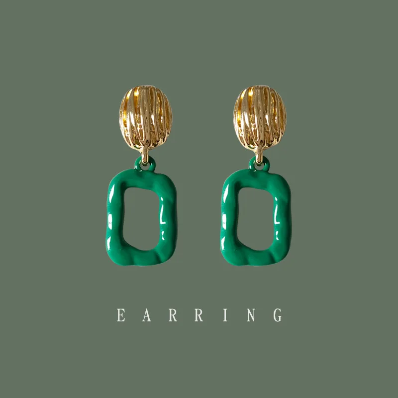 

French High-end Sense~925 Silver Needle Geometric Rectangular Earrings Summer New Green Earrings Factory Source Earrings