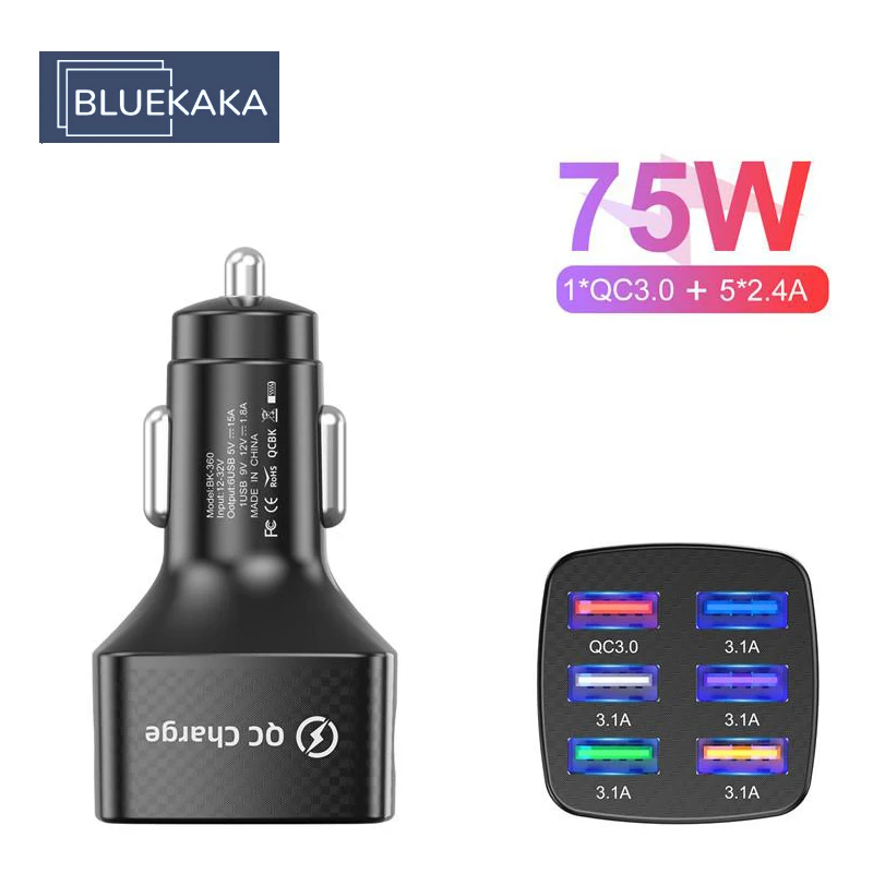 

BLUEKAKA 6 Ports USB Car Charge 75W Quick 15A Mini Fast Charging For Mobile Phone Charger Adapter In Car Quickly Charge