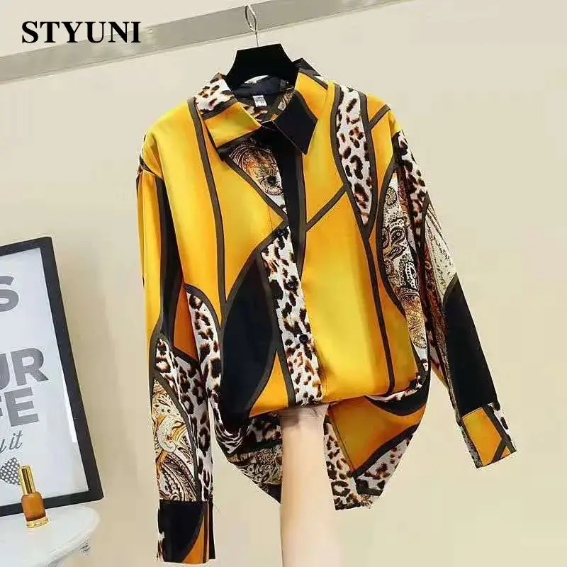 

Leopard Print Vintage Turn-down Collar Chiffon Women's Blouse Shirt Long Sleeve Single Breasted Female Blouses Tops 2023 Spring