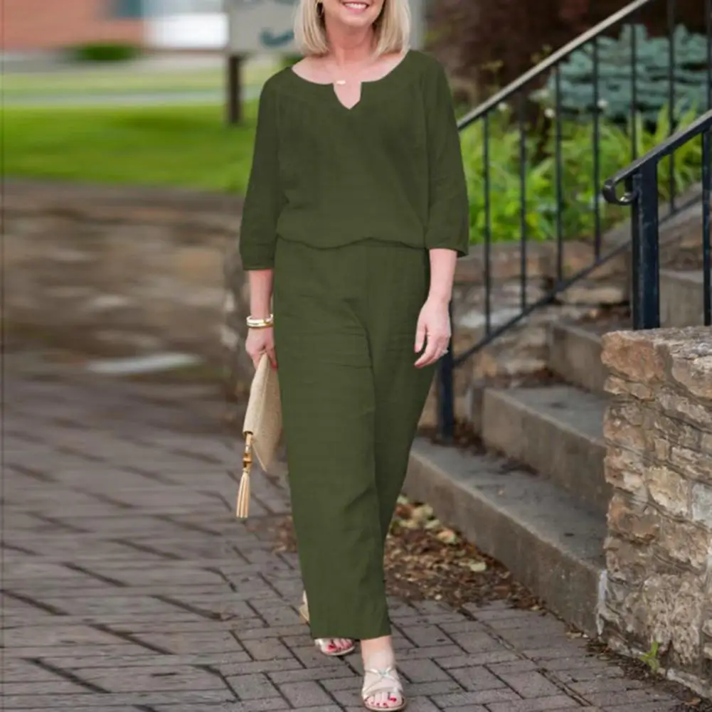 

2Pcs/Set Women Vintage V-neck 3/4 Sleeve Tops High Waist Wide Leg Pants Set Solid Color Loose Fit Office Lady Casual Outfit