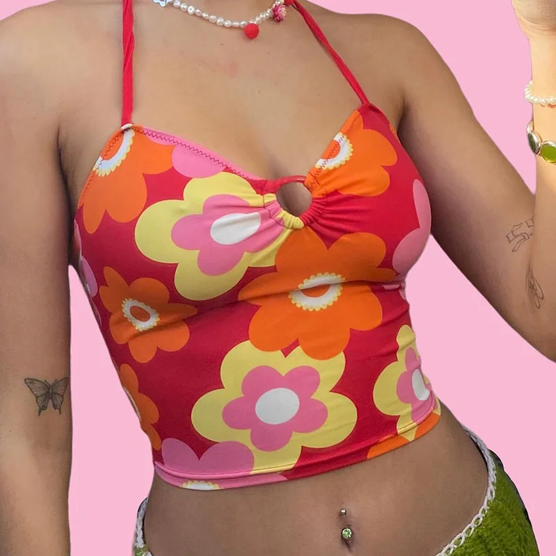 

Flower Printing V-Neck Lace-Up Midriff Crop Tops Summer Women Casual Wild Home Clothing Streetwears