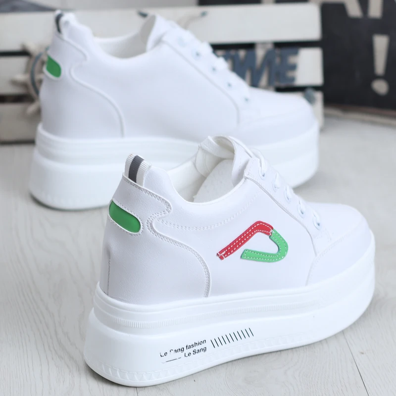 YeddaMavis White Women's Vulcanize Shoes Hidden Wedge 10CM Casual Shoes Wedge Platform Shoes Woman Women's Shoes Women Sneakers