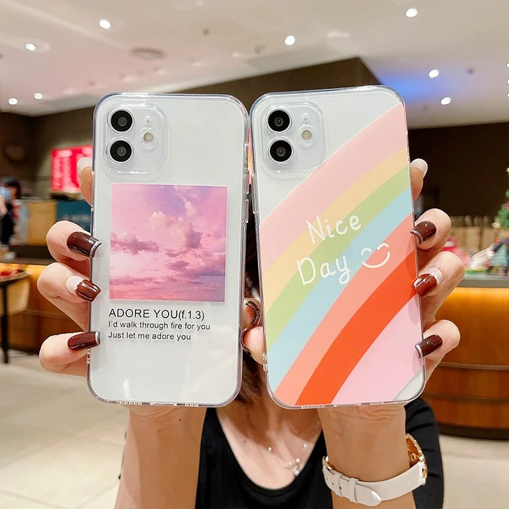 

Cute Rainbow Transparent Phone Case For iPhone 13 12 11 Pro Max Mini XR XS X 6 6s 7 8 Plus Silicone Lens Protector Phone Cover