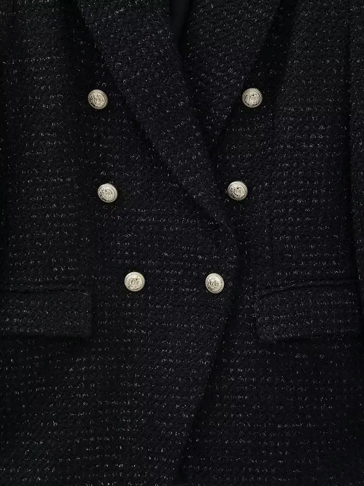 Jenny&Dave England Style Office Lady Double Breasted Tweed Texture Fashion Blazers Casual Jacket Women