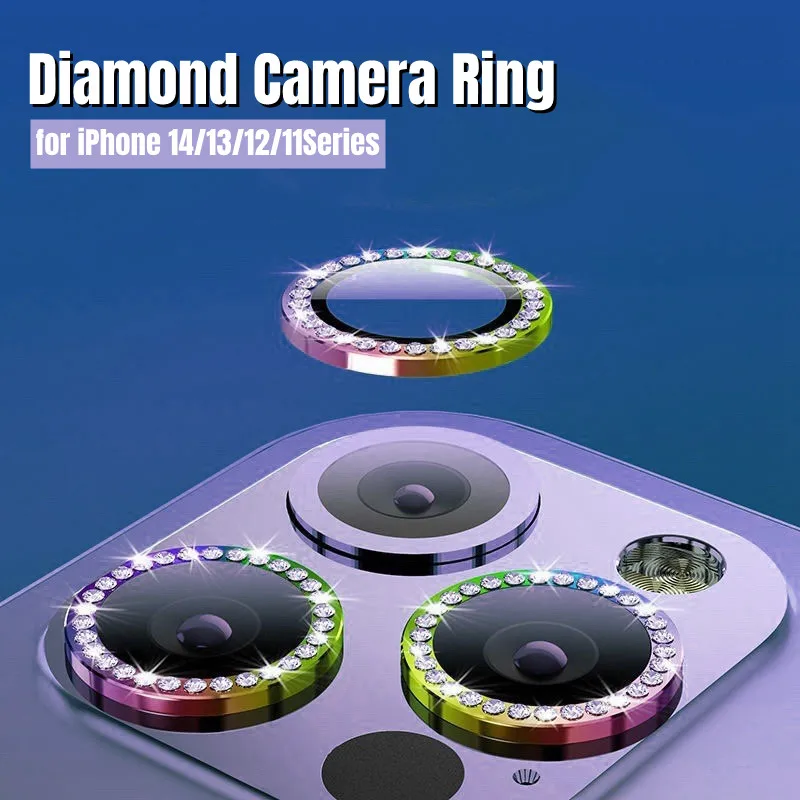 

Diamond Camera Lens Glass for iPhone 14 Plus 13 12 mini 11 Pro Max Metal Ring Screen Protector Protective Cap for iPhone14 14pro