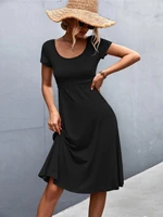 women solid black round neck dress 2022 new sexy slim fit skirt summer clothes short sleeve party club casual dresses