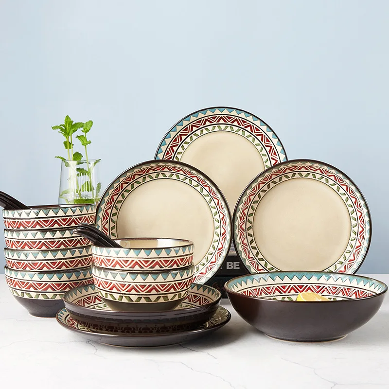 

European ceramic bowl and dish underglaze color tableware rice noodle soup flat dish household