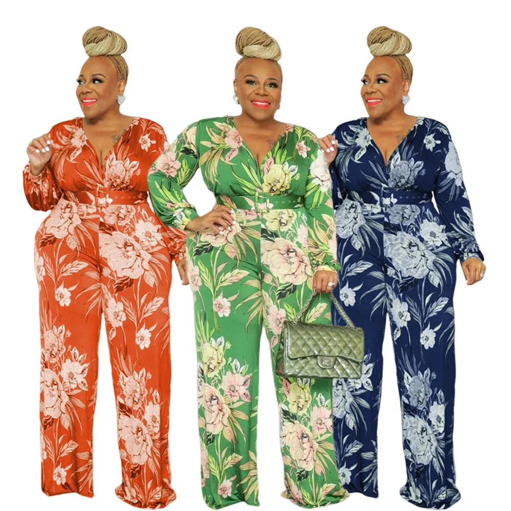 

2022 Spring African Women Long Sleeve V-neck Polyester Printing Long Jumpsuit African Clothes for Women XL-5XL Africa Jumpsuit