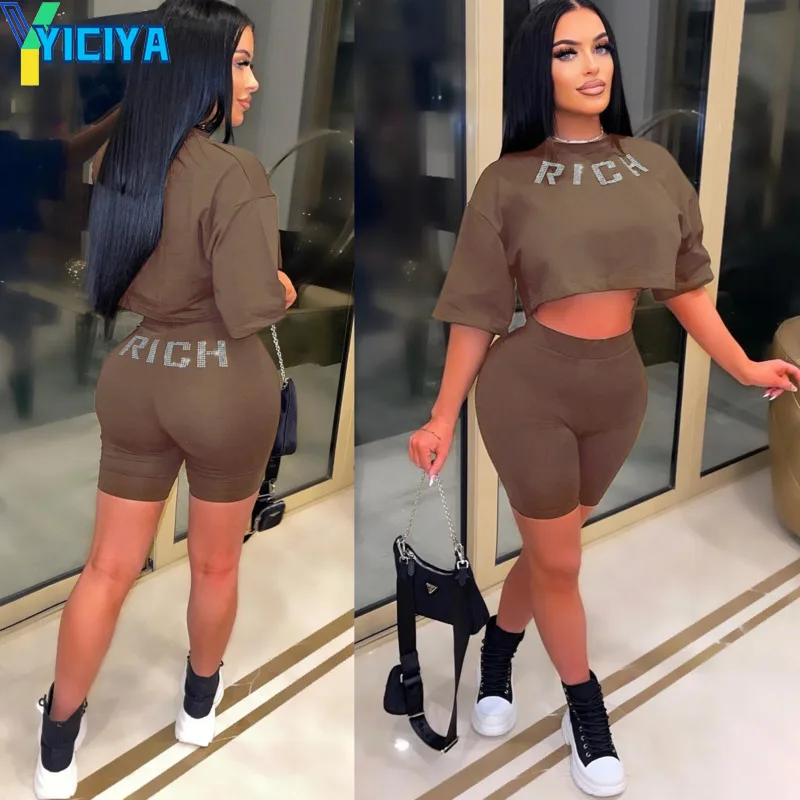 

YICIYA Summer Women's Tracksuit Sexy Navel Exposed Brown Letter Hot Brick Suit Round Neck Middle Sleeve Leisure Two-piece Set