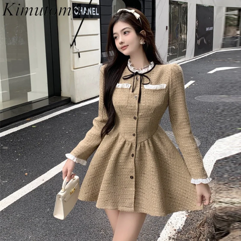 

Платье Kimutomo женское с оборками, элегантное винтажное дизайнерское платье со складками, с круглым вырезом, с пышными рукавами, с завышенной т...