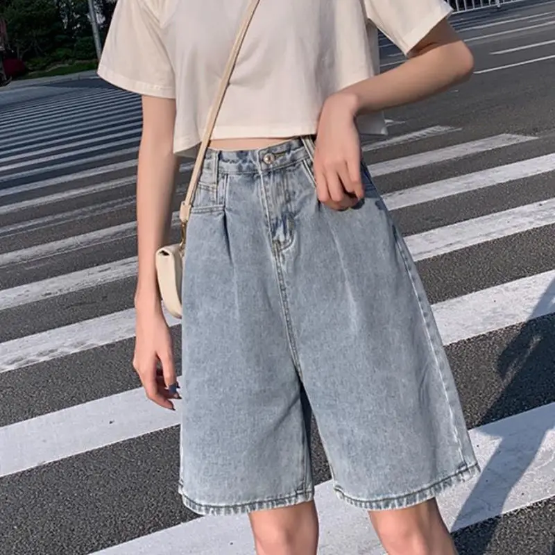 

Женские шорты-бермуды с завышенной талией Y2K, Длинные повседневные велосипедные шорты, широкие женские модные мешковатые милые джинсовые ш...