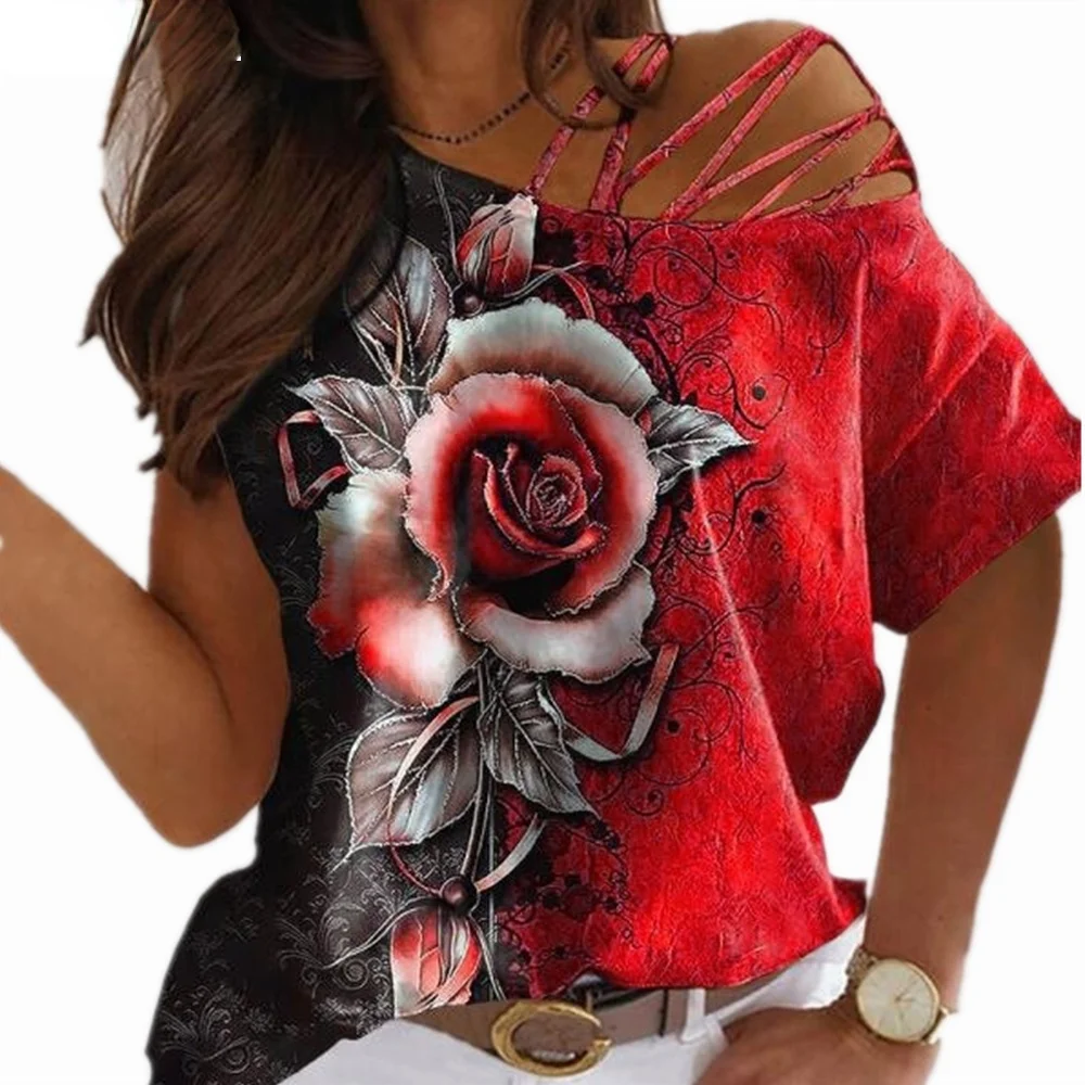 

Graphic Tee Women's Rose Printed Strapless Short Sleeve T-shirt Loose Soft and Comfortable Top Plus Size Graphic Tee