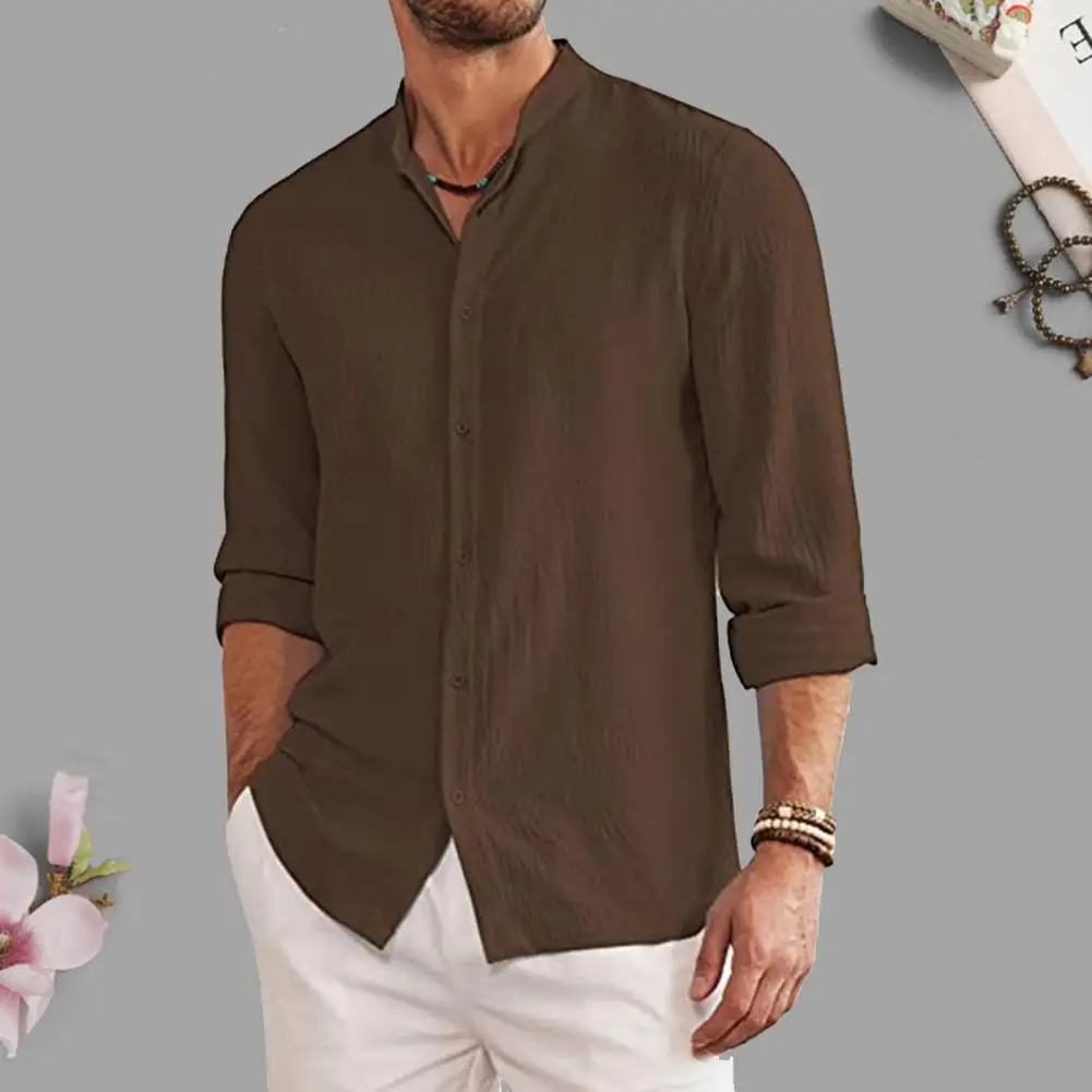 

Buttons Top Men Spring Shirt Stylish Men's Stand Collar Cardigan Soft Thin Long Sleeve Shirt with Breathable Fabric for Autumn