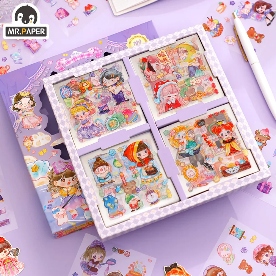 Mr.paper 100Pcs/Box Cute Characters PET Sticker Gift Box Cartoon Gourmet DIY Scrapbooking Decoration Stationery Sticker