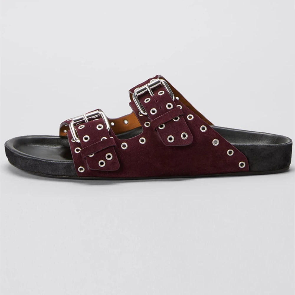 Summer Thick-Soled Buckle Rivet Slippers New Cowhide Open-Toe Beach Vacation Flat Sandals Sandal Roman Big Size 43 Female Casual