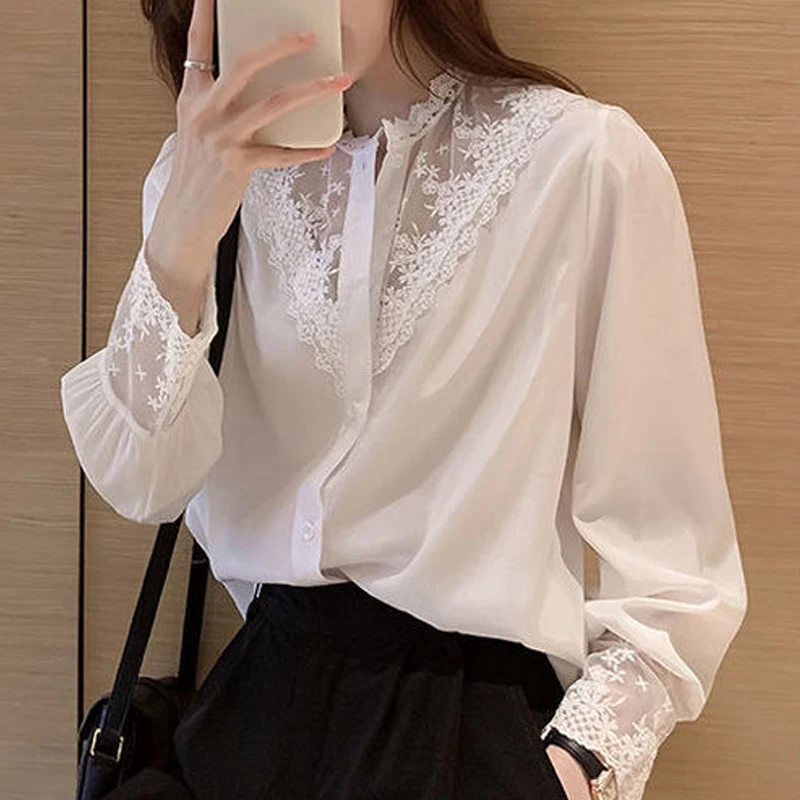 

Женская шифоновая блузка с цветочным принтом, кружевная элегантная белая блузка с длинным рукавом и воротником-стойкой, весна 2023