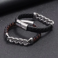 punk style stainless steel chain mens stitching leather bracelet black brown hand woven rope classic bracelet jewelry wholesale