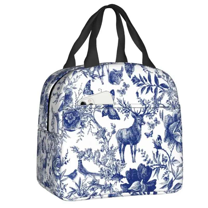 

French Toile De Jouy Indigo Pattern Insulated Lunch Box for Women Warm Cooler Thermal Lunch Bag School Food Container Tote