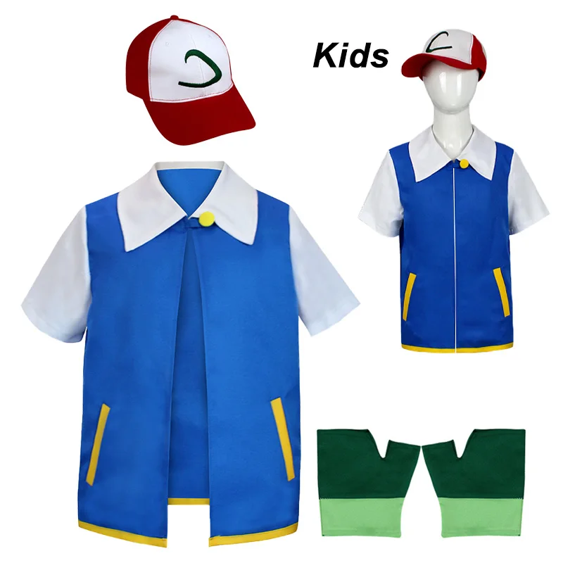 ฮาโลวีนเด็กเสื้อผ้า Anime Ash Ketchum ชุดคอสเพลย์ผู้หญิงเสื้อสีฟ้าถุงมือหมวกชุดปาร์ตี้เด็ก Outifts Prop ของ...
