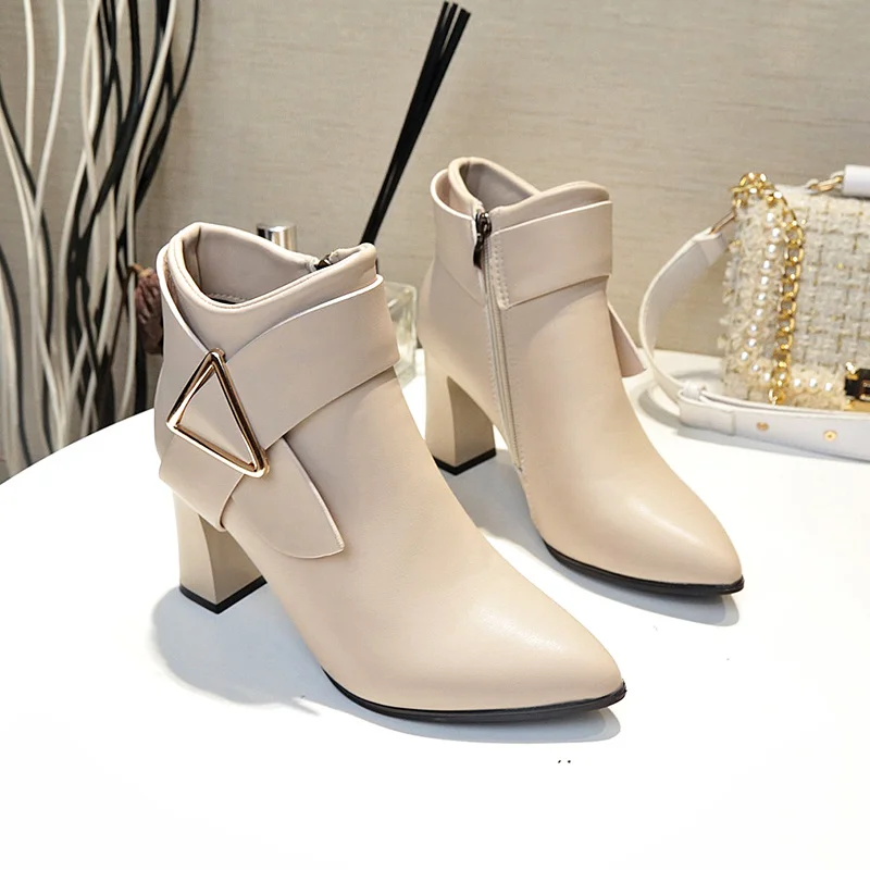Women's High Heels Short Boots Spring Autumn Belt Buckle Ankle Boots Female Bottes High Top Leather Shoes Waterproof Woman Pumps