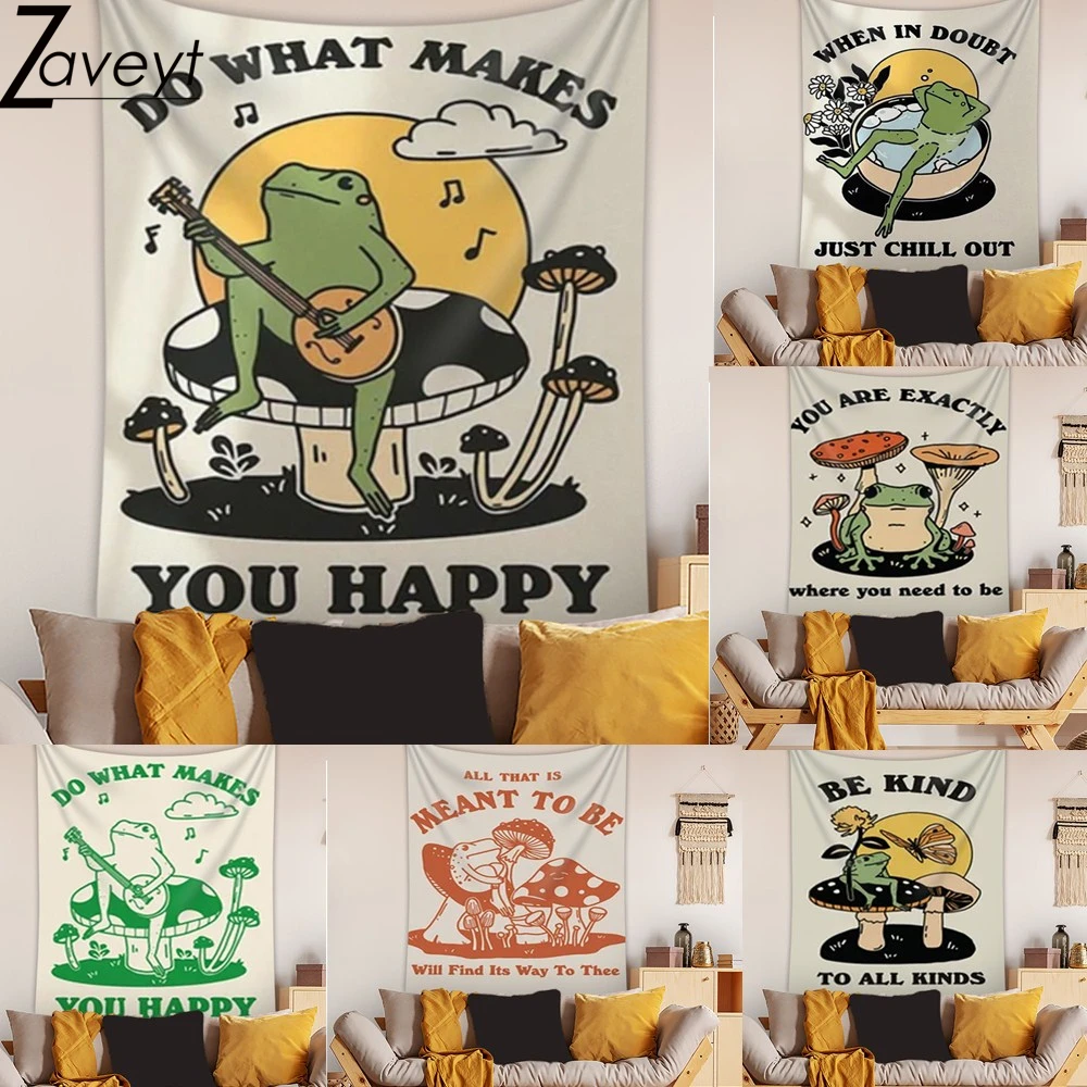 

Optimistic Play Guitar Cartoon Frog Tapestry Print motto"Do what makes you happy " letter Hanging Cloth Hippie Mushroom Tapestry