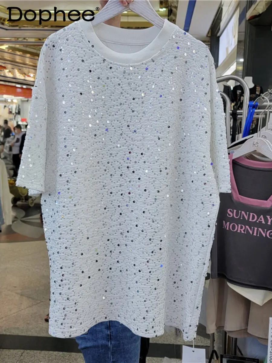 

Женская футболка с круглым вырезом, приталенная белая футболка с блестками, универсальная Свободная Повседневная футболка с коротким рукавом, лето 2023