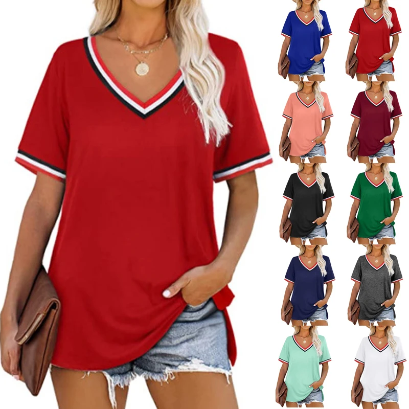 

Women's V-neck Solid Color Tops Fashion Popular Solid Color All-match Short-sleeved T-shirt Summer Casual Loose Large Size Pul