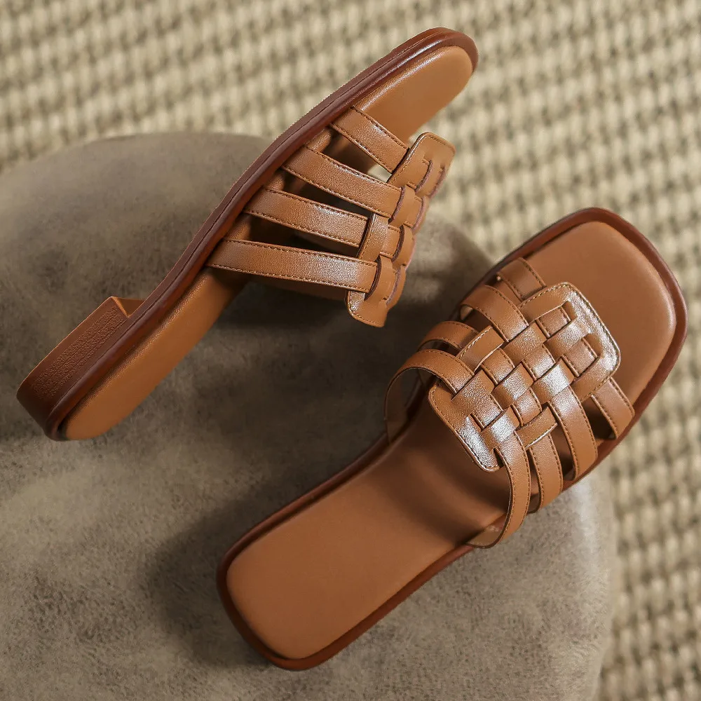 Women's genuine leather narrow band braided open toe slip-on flats summer out door slides soft comfortable sandals