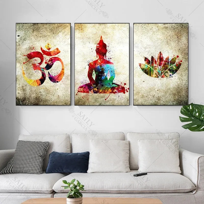 

Retro Buddha Lotus Flower Poster Canvas Painting Abstract Buddhism Symbol Graffiti Prints Poster for Living Room Wall Art Decor