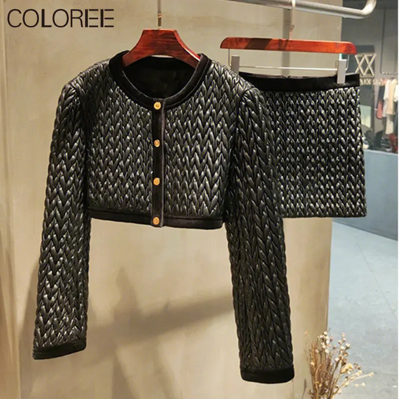 

Luxury Designer Autumn Winter Clothes Women 2022 Korean Fashion PU Leather Jacket+mini Skirts Two Piece Sets Outfits Streetwear