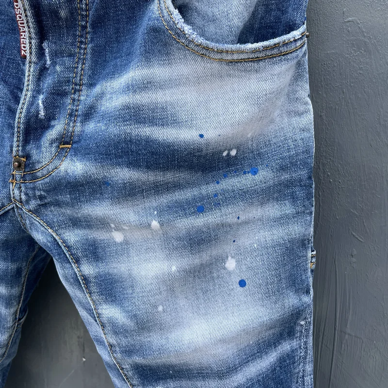 Spring New DSQUARED2 Men's/Women's Jeans Fashion Slim Stitching Three-Dimensional Cut Hole Patch Elastic Feet T153