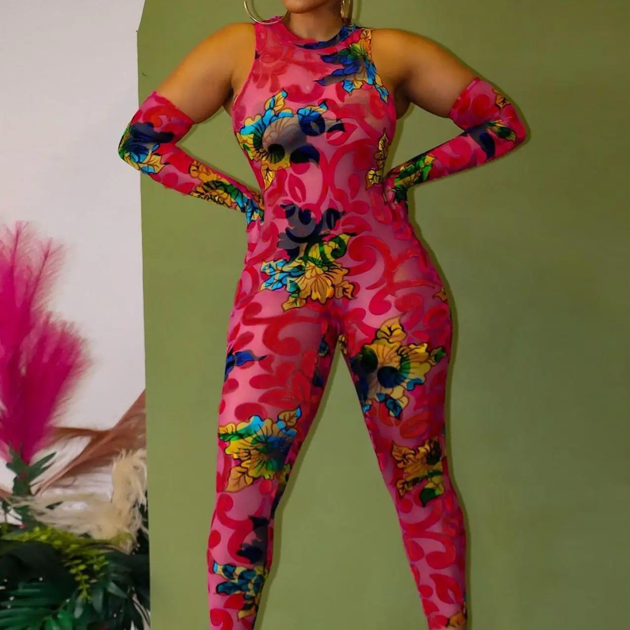 Plus Size One Piece Clothing Floral Mesh See Through Casual Outfit Women Sexy Pencil Pants 2023 Summer Female Fashion Jumpsuit