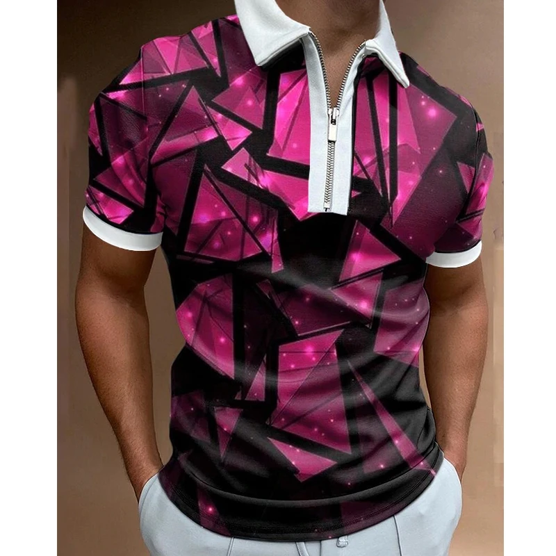 

Summer Men's Clothing Polo Shirts Casual Turn-Down Collar Zipper Golf Daily Triangle Print Short Sleeve Tee Shirt Men Polos Tops