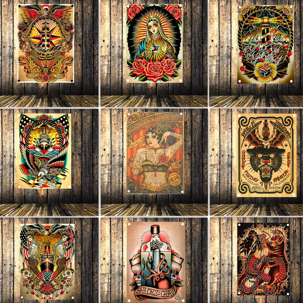 

Exquisite Tattoo Art Poster Wall Hanging Flag Tapestry Old School Tattoo Designs Poster Vintage Home Decor Banners Wall Painting