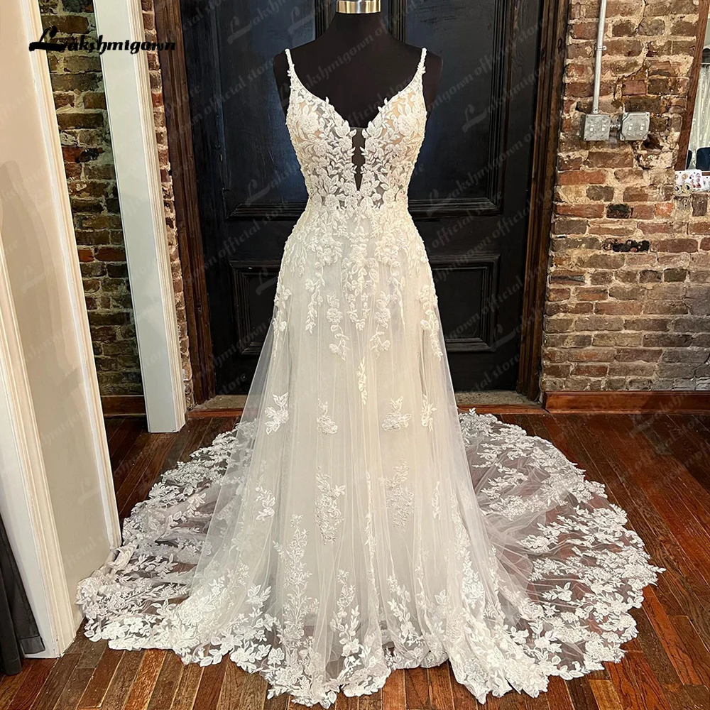 

Lakshmigown Boho Spaghetti Straps Wedding Dress Embroidered Lace A-line Deep V Neck Wedding Gowns Appliques Vestido De Novia