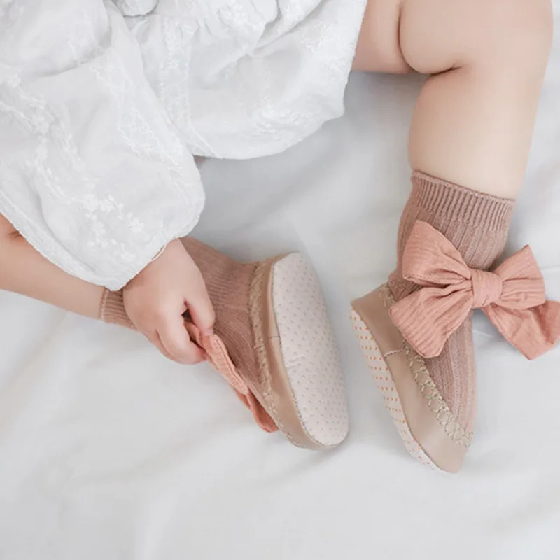 Korean Baby Bow Socks Shoes Super Soft Princess Leather Sole for Infant Toddler Socks Floor Socks Little Girl Socks 0-2 Year Old