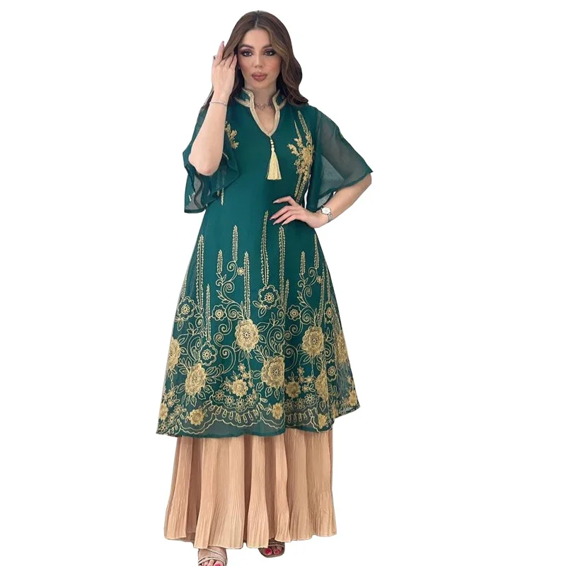2023 Spring Summer Muslim Women V-neck Polyester Blue Dark Blue Dark Green Long Pleated Abaya Muslim Fashion Dress Abaya Dress