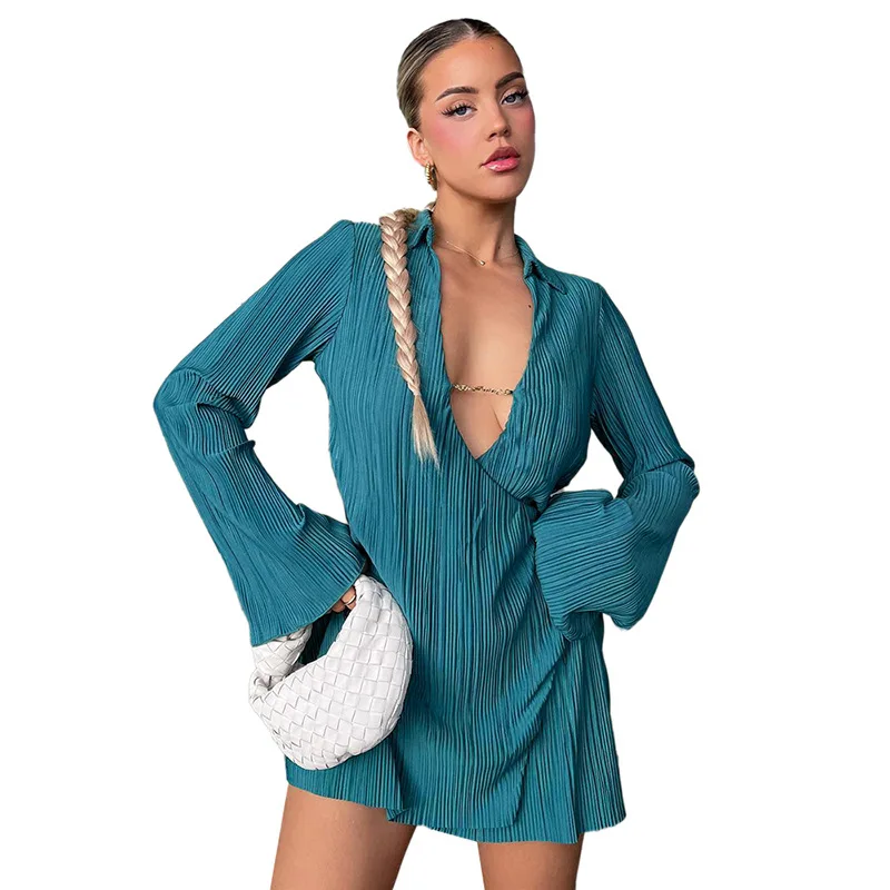 

Женское свободное платье-рубашка средней длины, повседневное привлекательное асимметричное платье с длинным рукавом, отложным воротником и глубоким V-образным вырезом, осень 2023